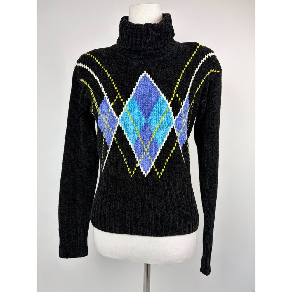 Vintage Lord & Taylor Chenille Argyle Sweater M SLIM Preppy Black Blue Y2K 90s
